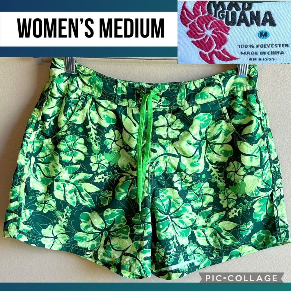 Mad Iguana Womens Board Shorts Green Floral Tropical Retro Beach 4” Inseam Swim